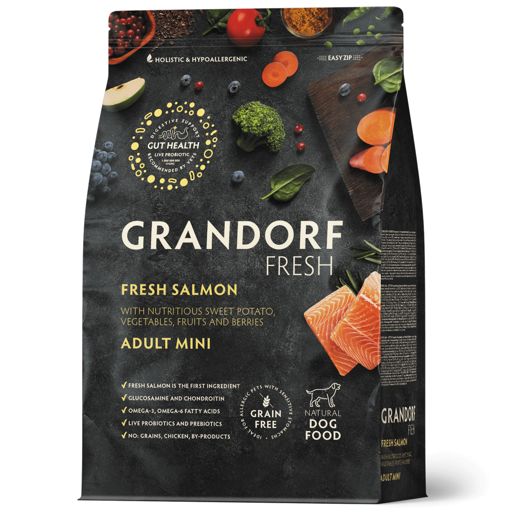 Сухой корм GRANDORF FRESH DOG Salmon MINI филе Лосося с бататом для взрослых собак мелких пород, для здоровья кожи и шерсти или склонных к аллергии