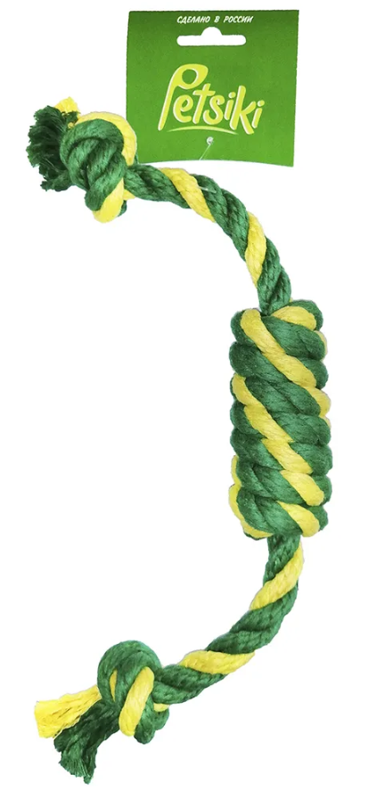 Игрушка для животных Сарделька канатная 1шт Petsiki Петсики БОЛЬШАЯ (желтый-зеленый-зеленый), длина 42 см (канат для собак)