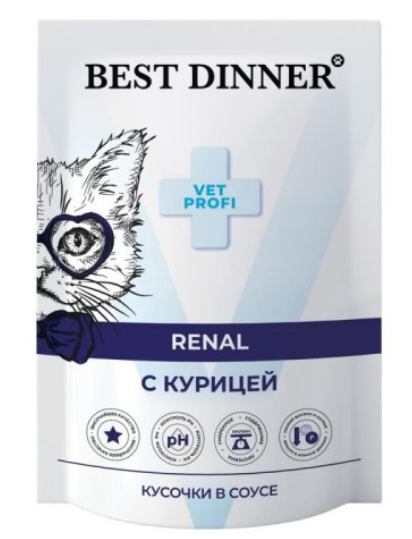 Бест Диннер пауч Exclusive Vet Profi Renal для взрослых кошек, кусочки в соусе с курицей, 85 г