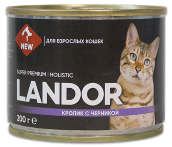 Консервы для кошек LANDOR полноценный влажный корм, кролик с черникой 200гр