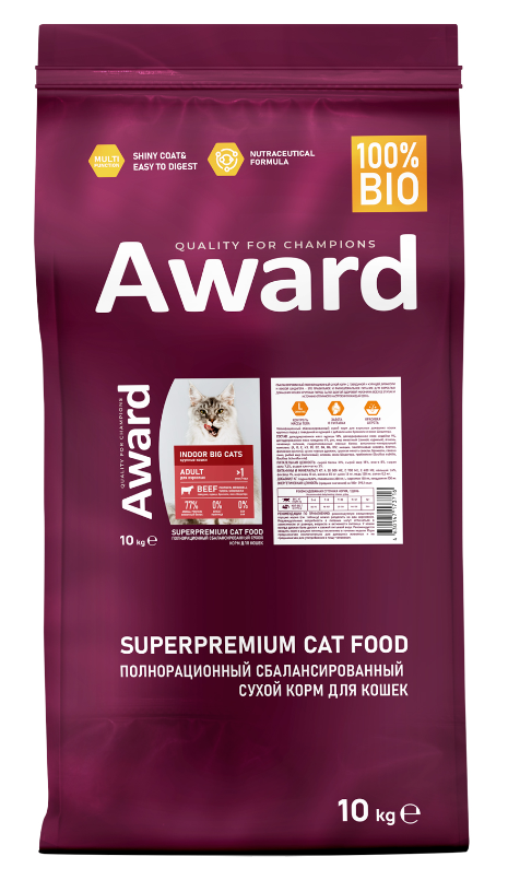 Сухой корм AWARD Indoor Big cats для взрослых домашних кошек крупных пород с говядиной и курицей с добавлением брокколи и юкки Шидигера 10кг