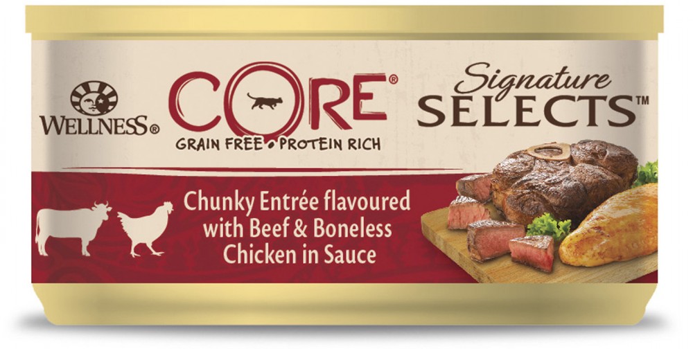 Влажный корм Wellness Core Signature Selects консервы для кошек с говядиной и курицей в виде кусочков в соусе, банка 79 гр