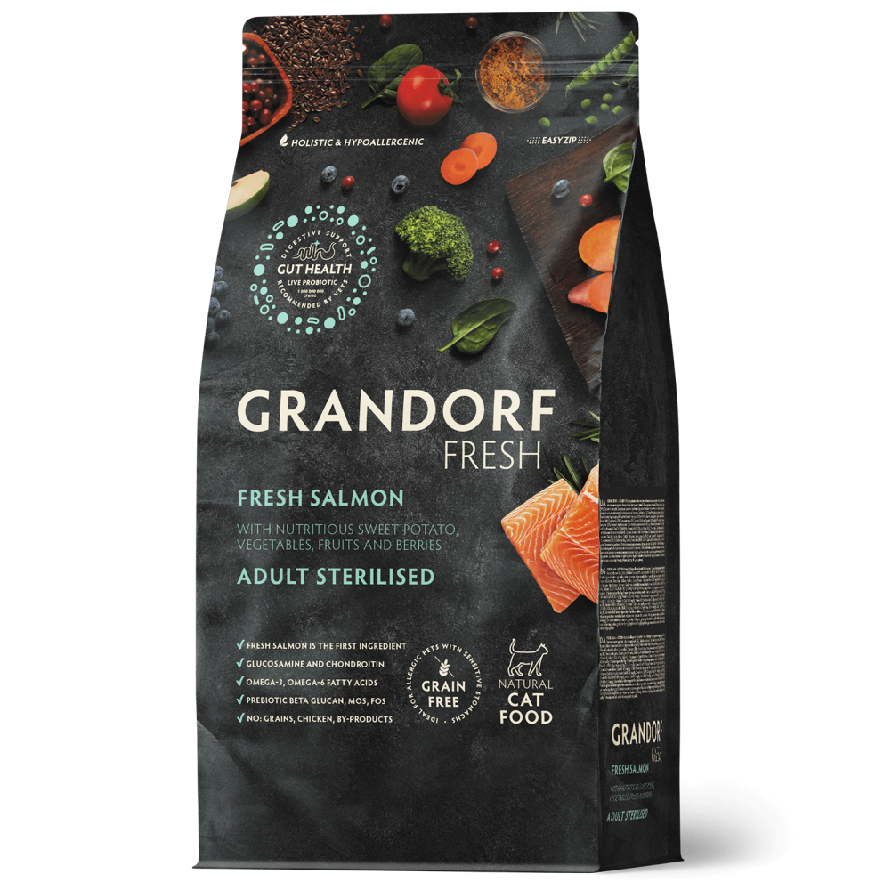 Корм сухой GRANDORF FRESH CAT Salmon STERILISED филе Лосося с бататом для стерелизованных кошек , для здоровья кожи и шерсти или склонных к аллергии