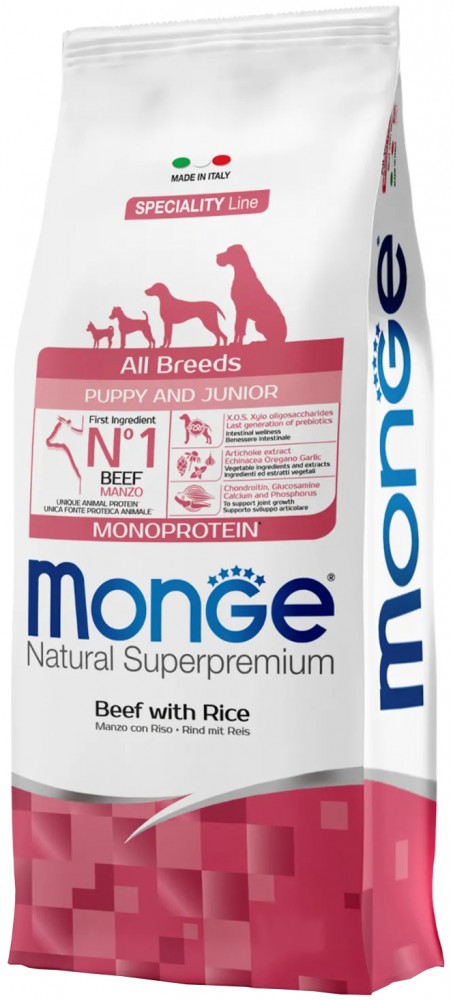 Корм Monge Monoprotein Puppy &amp; Junior Beef &amp; Rice для щенков, говядина с рисом