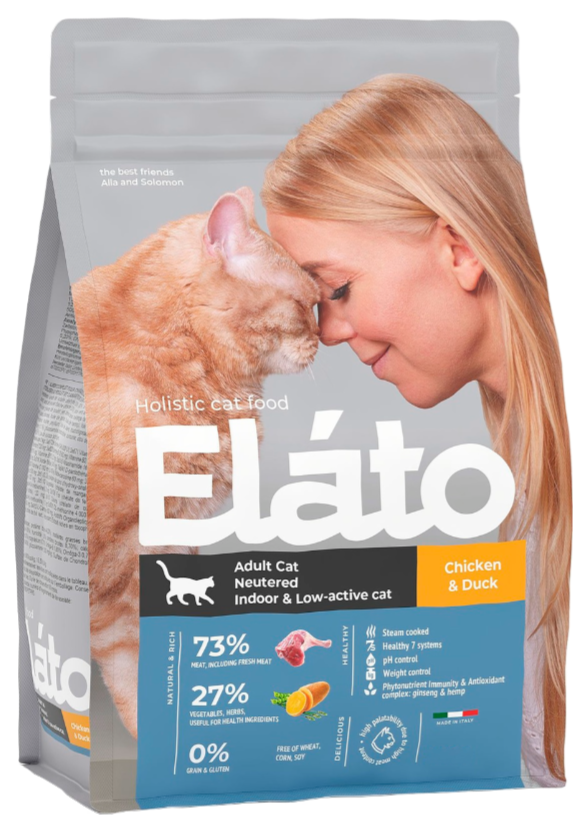 Корм сухой для кошек Elato Holistic Элато Холистик для стерилизованных и малоактивных с курицей и уткой