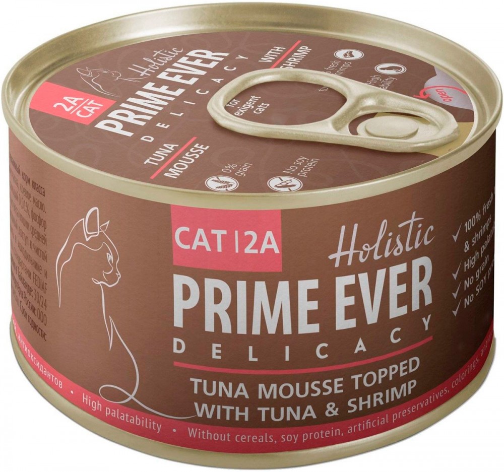 Корм Prime Ever Holistic Delicacy Tuna Mousse Topped &amp; Tuna And Shrimp (мусс) для кошек, с тунцом и креветками, 80 г
