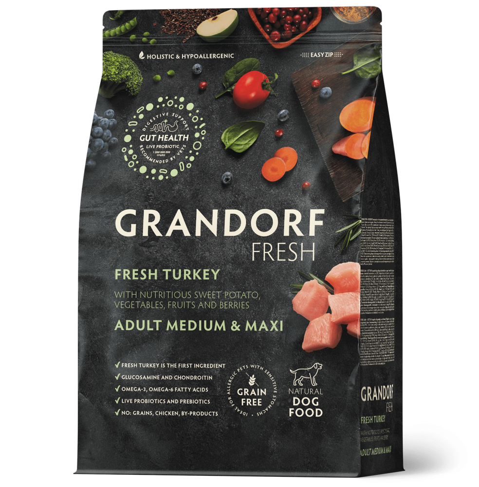 Сухой корм GRANDORF FRESH DOG Turkey MED&amp;MAXI мясо Индейки с бататом для взрослых собак средних и крупных пород, диетическая формула для особо аллергичных собак