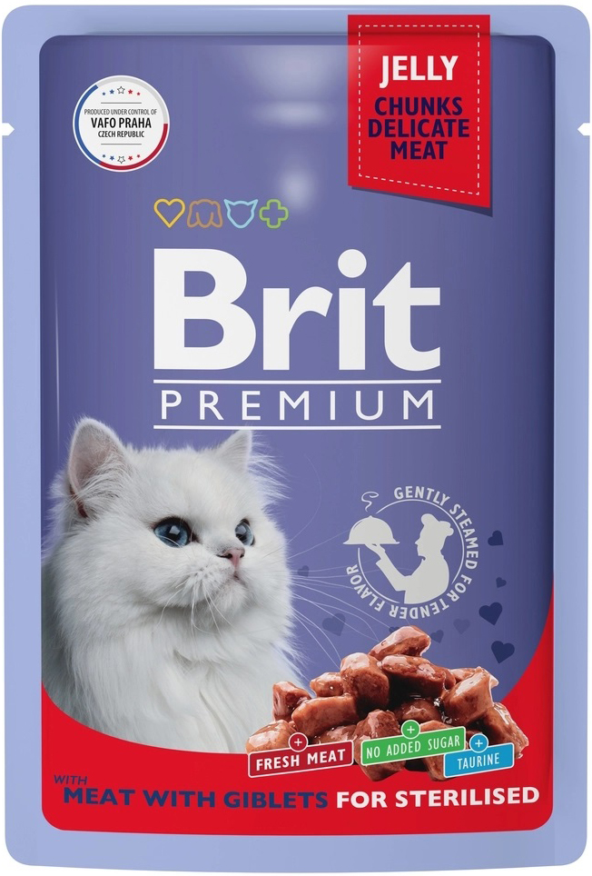 Корм Brit Premium Sterilised Meat &amp; Giblets (в желе) для стерилизованных кошек, мясное ассорти с потрошками, 85 г