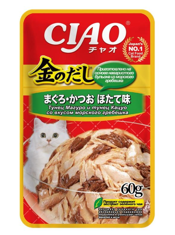 Влажный корм CIAO Kinnodashi для кошек Тунец Магуро и тунец Кацуо со вкусом морского гребешка, пауч, 60 г