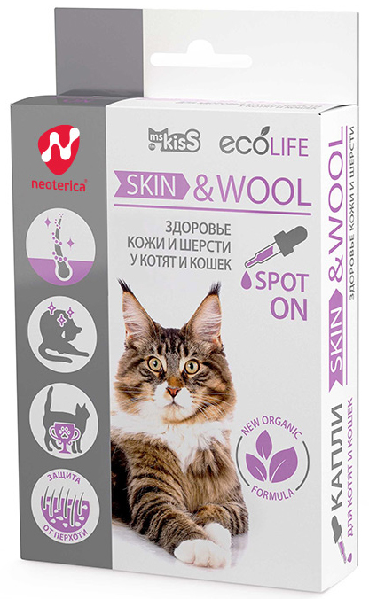 Ms.Kiss Ecolife Skin &amp; Wool Spot-On капли для здоровья шерсти котят и кошек, 10 мл