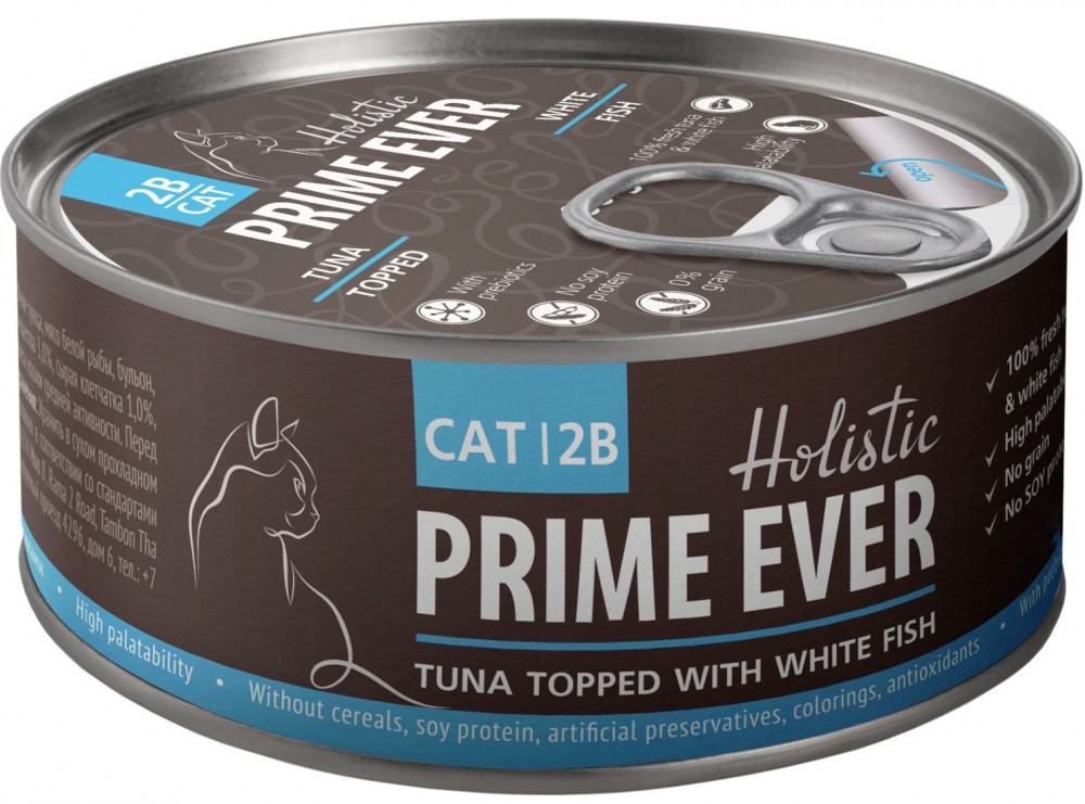 Корм Prime Ever Holistic Tuna Topped &amp; White Fish (в желе) для кошек, с тунцом и белой рыбой, 80 г