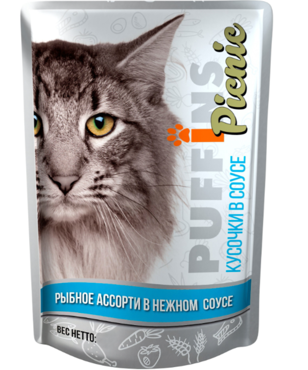 Корм Puffins Picnic (в соусе) для кошек, рыбное ассорти, 85 г