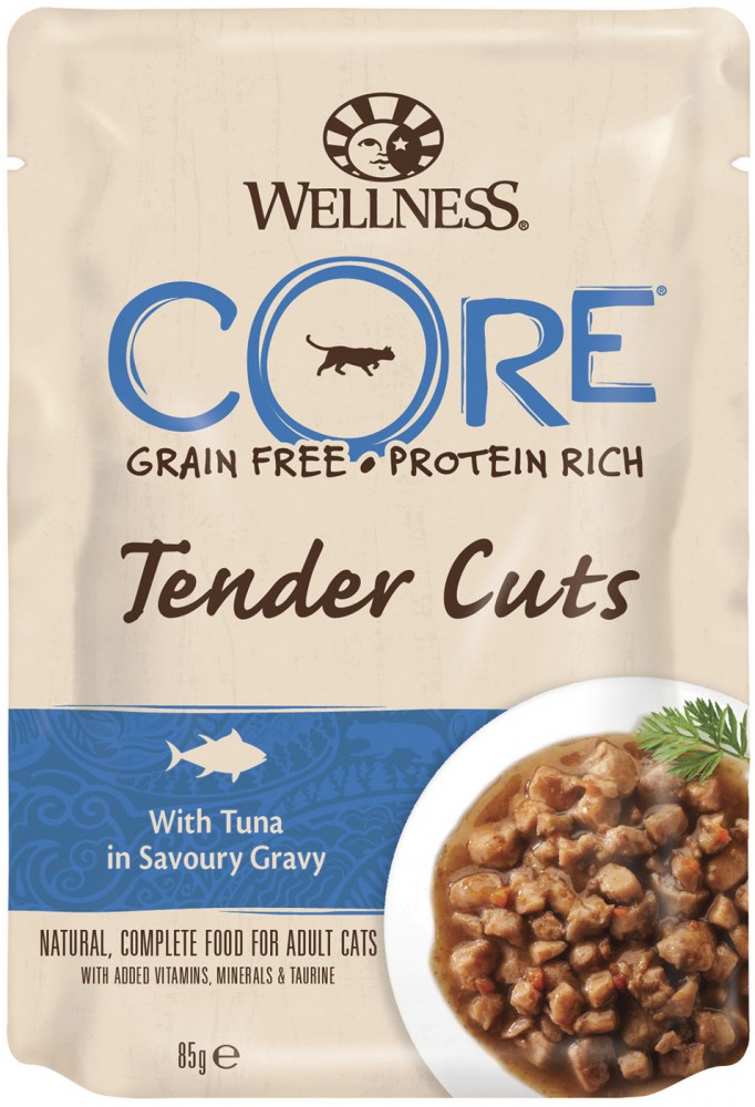 Влажный корм Wellness Core Tender Cuts для кошек с тунцом в виде нарезки в соусе, пауч 85 гр