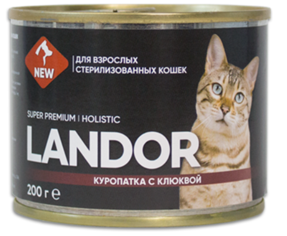Консервы для кошек LANDOR полноценный влажный корм для стерилизованных кошек куропатка с клюквой 200гр