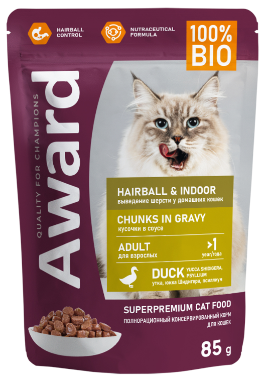 Влажный корм AWARD Hairball &amp; Indoor для выведения шерсти у взрослых домашних кошек кусочки в соусе с уткой 85г