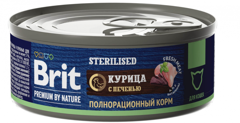 Корм Brit Premium By Nature Sterilised (консерв.) для стерилизованных кошек, курица с печенью, 100 г