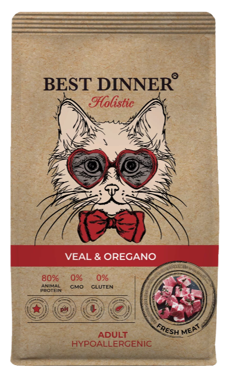 Корм для кошек Best Dinner Holistic Hypoallergenic Adult низкозерновая рецептура. Телятина и Орегано 1,5 кг