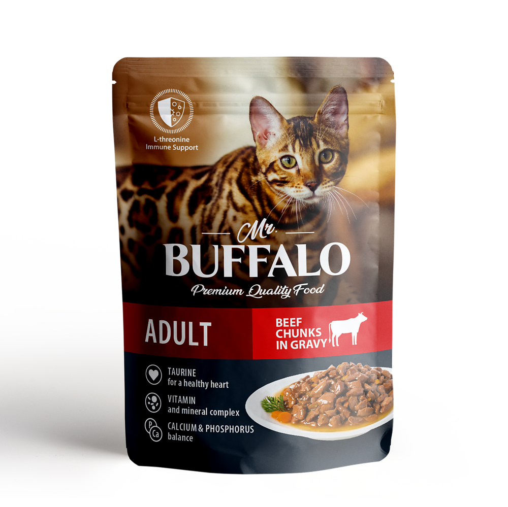 Mr.Buffalo Adult ПАУЧ влажный корм для взрослых кошек с чувствительной кожей, говядина в соусе 85 г