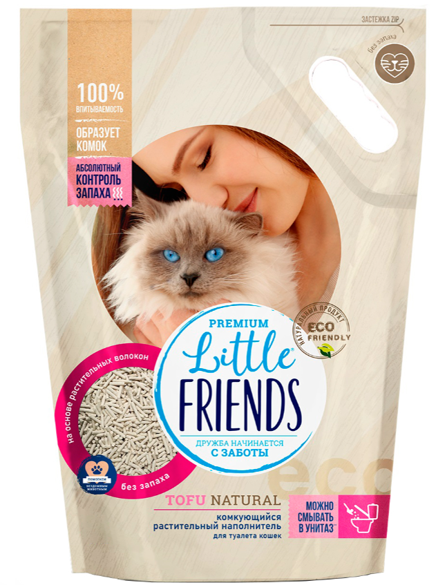 Наполнитель Little Friends Tofu Natural  для кошек, растительный, комкующийся, без аромата, 5 л, 2.5 кг