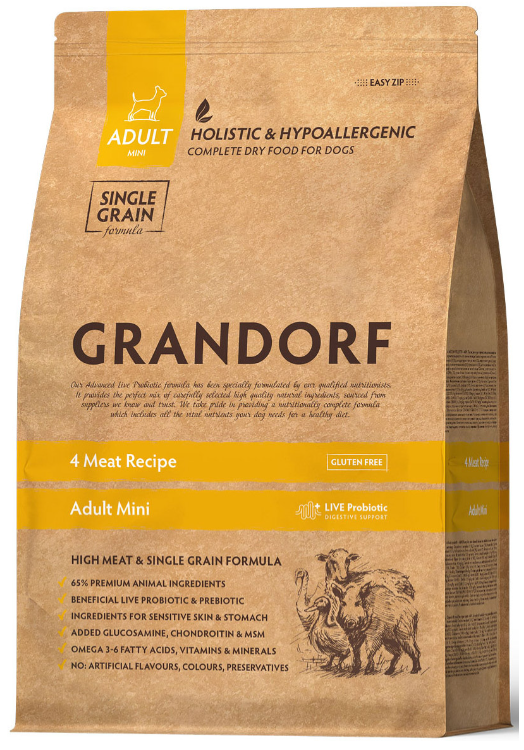 Корм Grandorf 4 Meat Recipe Mini Holistic Probiotic для собак малых пород, с ПРОБИОТИКАМИ, 4 вида мяса