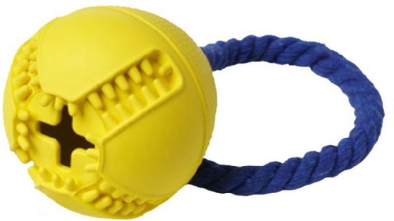 Homepet Silver Series Игрушка Мяч с канатом и отверстием для лакомств для собак, желтый, каучук, 7.6 х 8.2 см