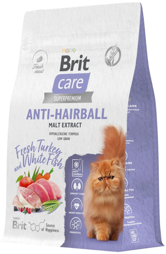 Brit Care Superpremium Cat Anti-Hairball с белой рыбой и индейкой для взрослых кошек, Вывод шерсти