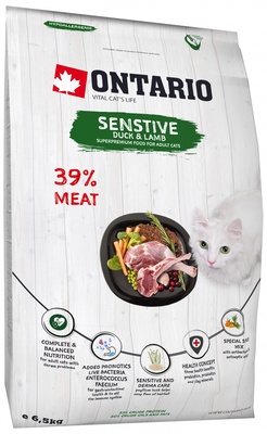 Корм Ontario Cat Sensitive/Derma для кошек с чувствительным пищеварением, с уткой и ягненком