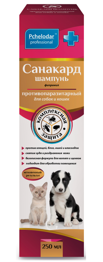 Pchelodar (Пчелодар), серия Professional, Санакард антипаразитарный шампунь для кошек и собак, 250 мл