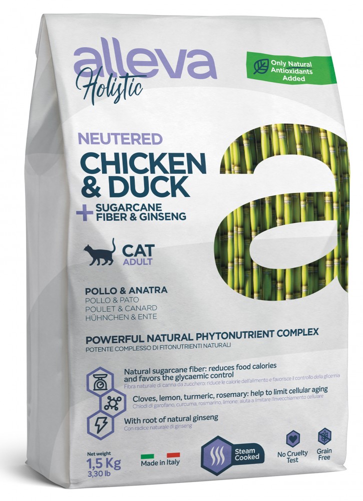 Корм Alleva Holistic Cat Neutered Chicken &amp; Duck для стерилизованных кошек, курица, утка, волокна сахарного тростника и женьшень