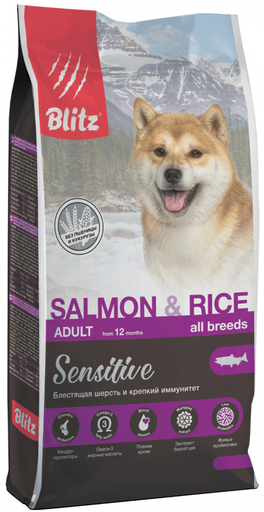 Корм Blitz Sensitive Salmon &amp; Rice для собак с чувствительным пищеварением и склонным к пищевым аллергиям, с лососем и рисом 1,8 кг