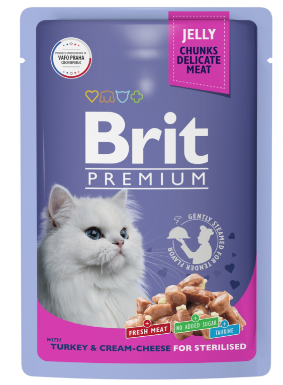 Корм Brit Premium Sterilised Turkey &amp; Cream-Cheese (в желе) для стерилизованных кошек, индейка с сыром, 85 г