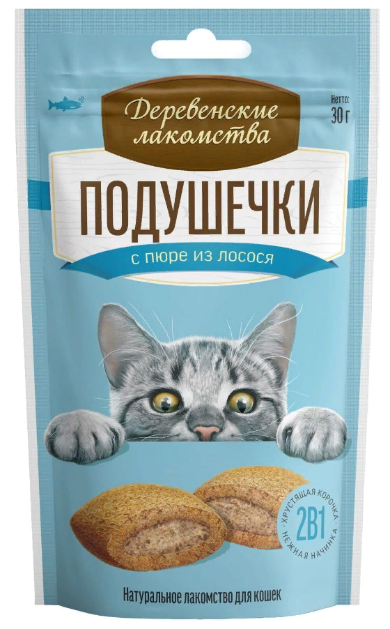 Лакомство для кошек Деревенские лакомства подушечки с пюре лососем 30 г