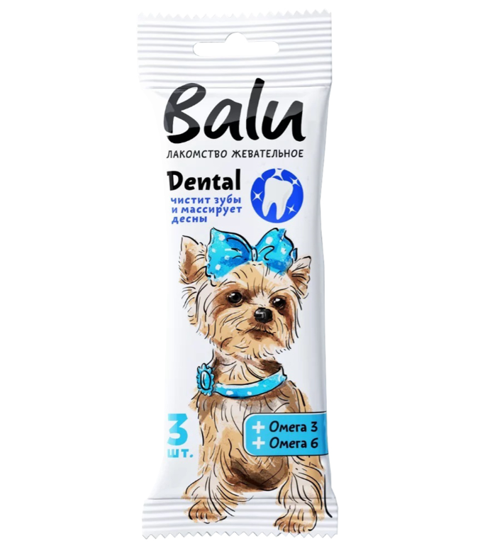 Лакомство Balu Dental для собак малых и средних пород, жевательное, с Омега 3, Омега 6, 36 г