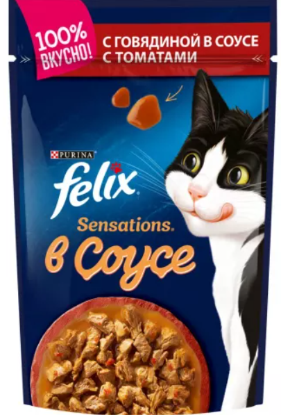 Корм влажный для кошек Felix Sensations с говядиной в соусе с томатами пауч 85 г