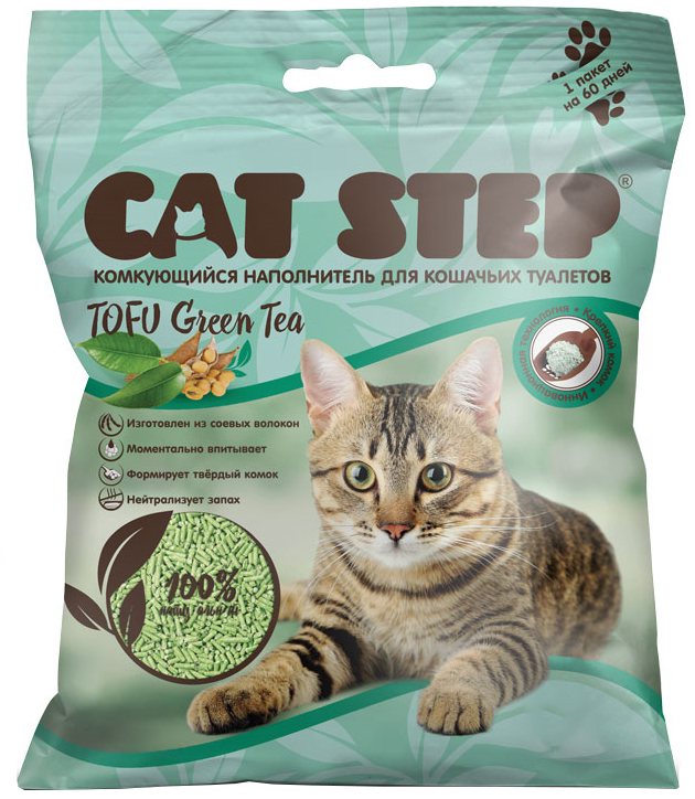 Наполнитель для кошачьих туалетов Cat Step Tofu Green Tea , растительный комкующийся 12 л-5,62кг