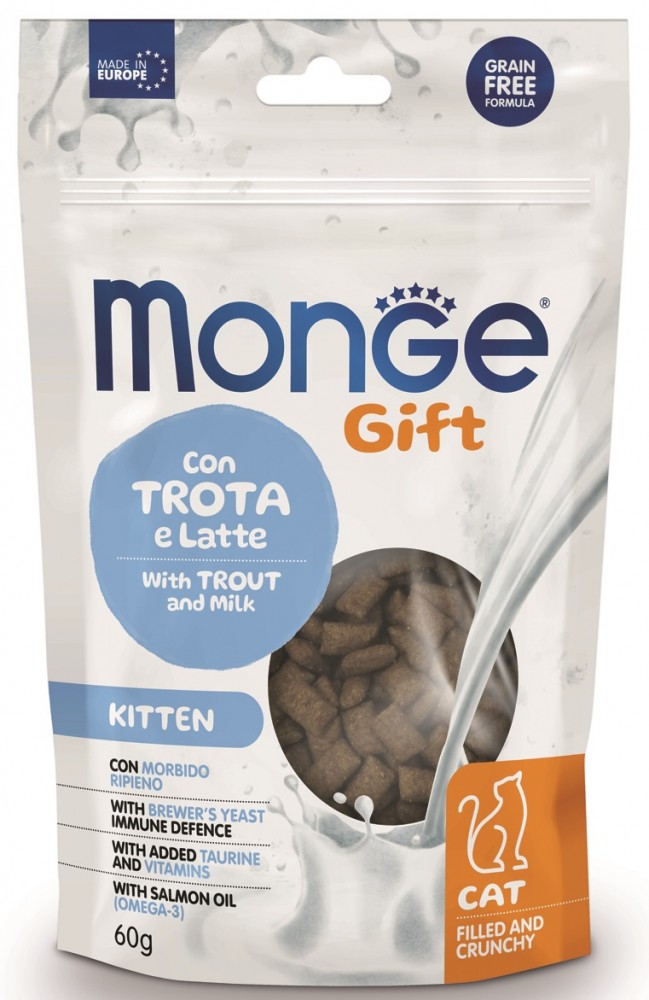 Лакомство Monge Gift Kitten для котят &quot;Хрустящие подушечки с начинкой&quot; с форелью и молоком 60 гn