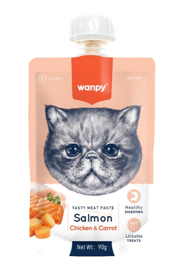 Wanpy Cat Лакомство для кошек Мясной мусс из лосося и курицы с морковью 90 г