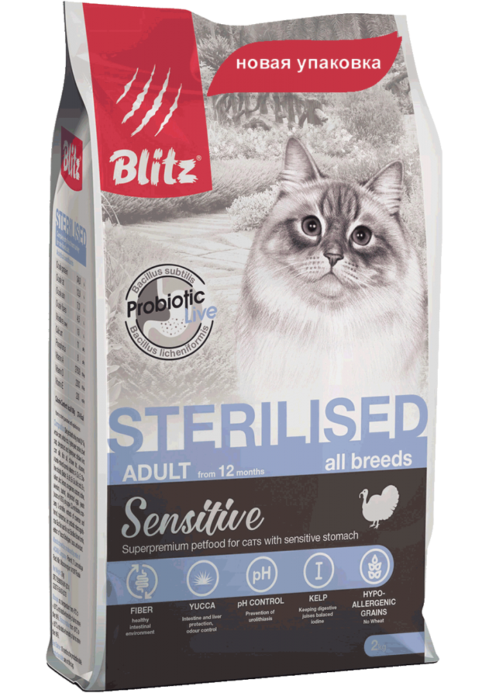 Корм сухой для кошек Blitz Sterilised при стерилизации и кастрации с индейкой