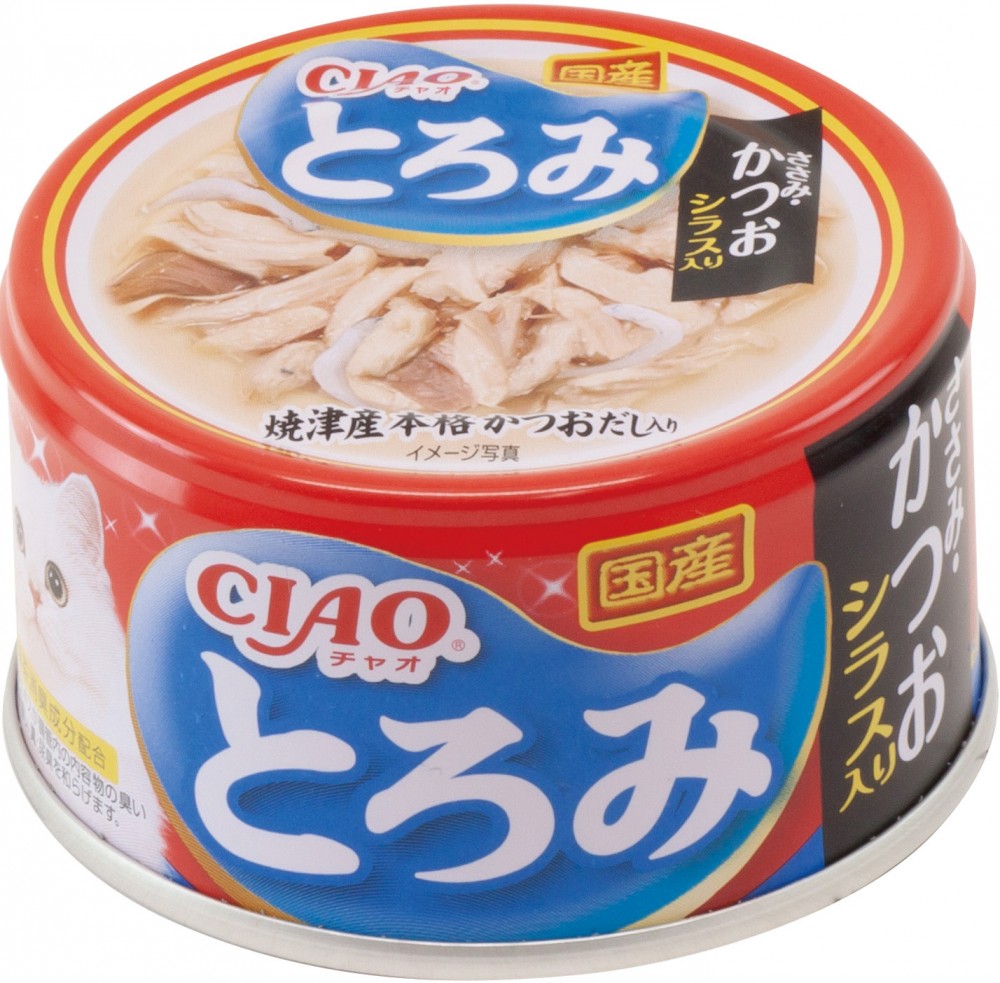 Корм Inaba Ciao Toromi (консерв.) для кошек, куриное филе с тунцом кацуо и мальками ширасу в бульоне, 80 г
