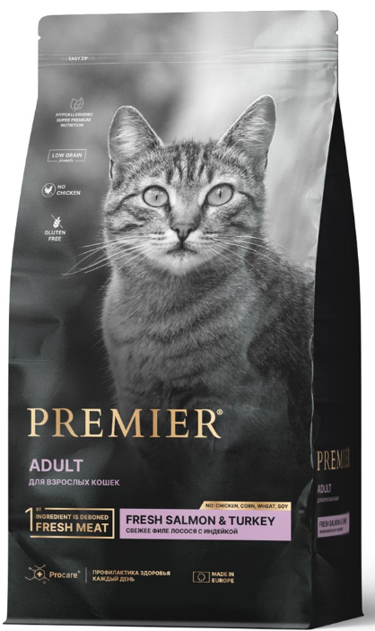 Низкозерновой сухой корм PREMIER Salmon and Turkey Adult Cat для взрослых кошек с лососем, индейкой и рисом