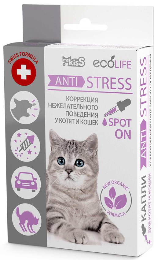 Ms.Kiss Ecolife Anti-Stress Spot-On капли для коррекции нежелательного поведения кошек, 10 мл