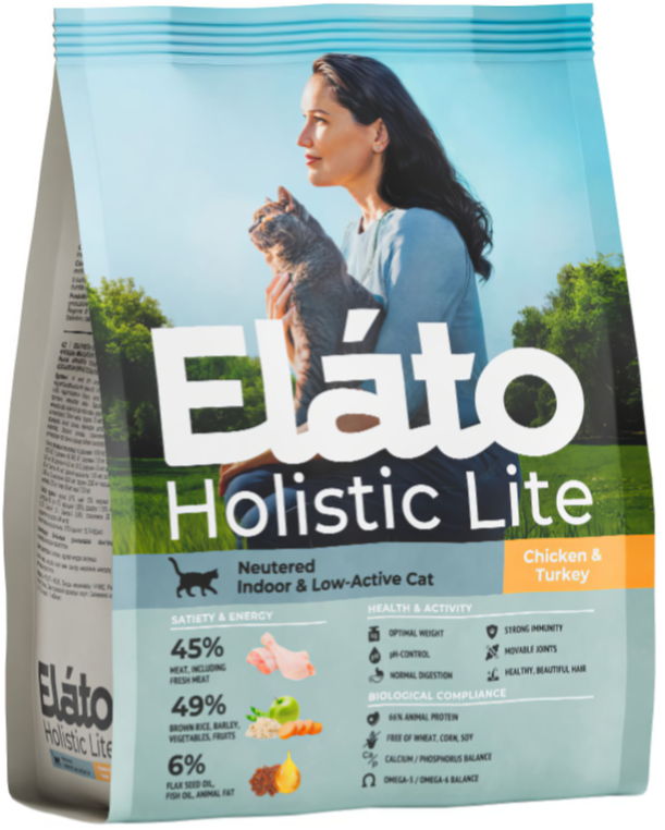 Корм Elato Holistic Lite (низкозерновой) для кастрированных котов, стерилизованных кошек и домашних малоактивных кошек, с курицей и индейкой