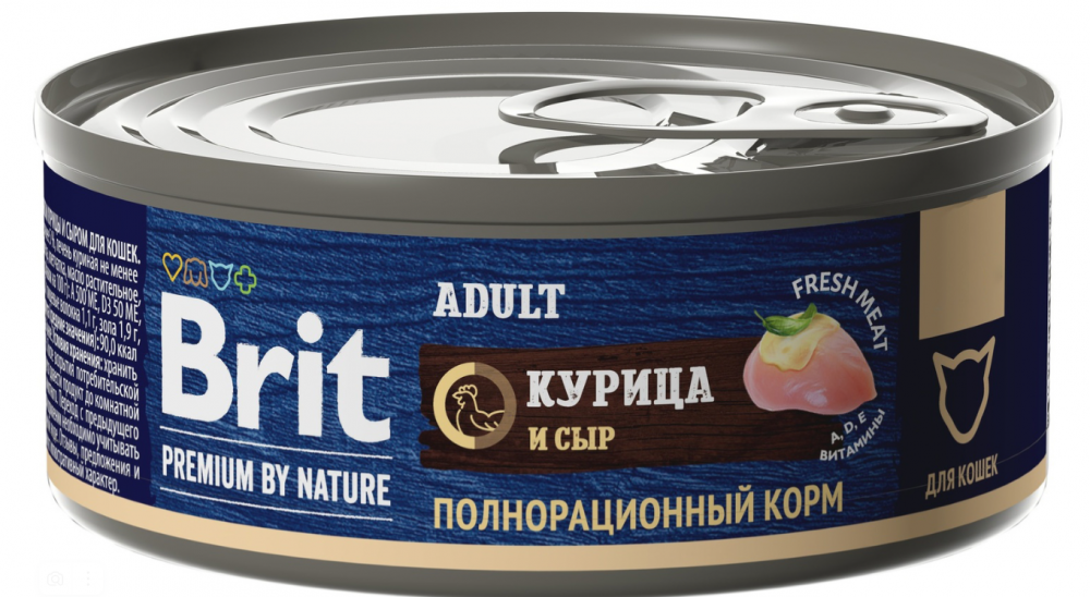 Корм Brit Premium By Nature Adult (консерв.) для кошек, курица и сыр, 100 г