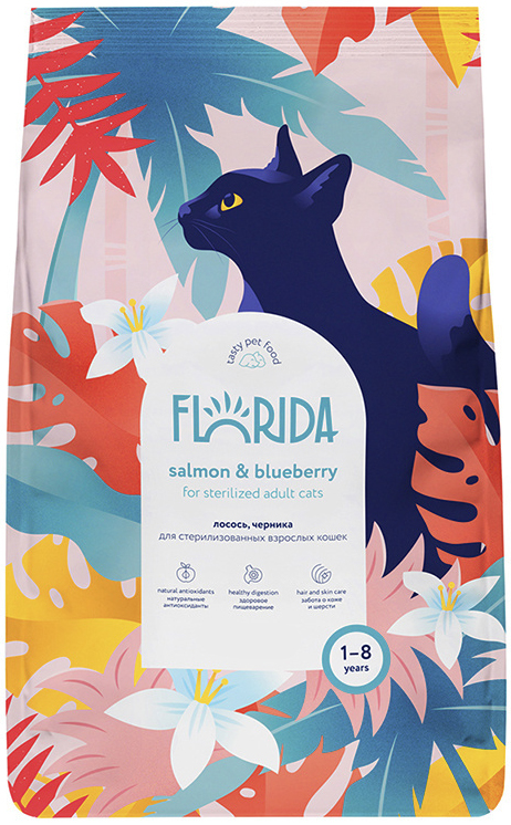 Корм Florida Sterilised Salmon &amp; Blueberry для стерилизованных кошек, с лососем и черникой, 800 г
