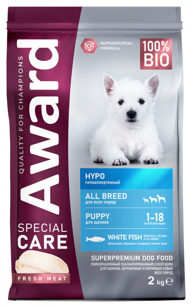 Сухой корм AWARD SPECIAL CARE HYPO PUPPY со свежей белой рыбой для щенков от 1 мес., беременных и кормящих собак всех пород, склонных к аллергии