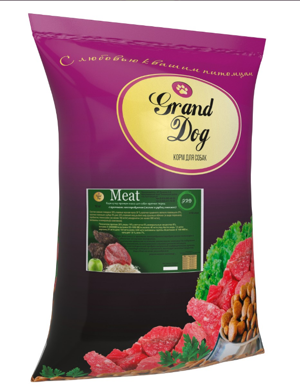 Корм Grand Dog Meat с кусочками говяжьих мясопродуктов супер-премиум класса для собак средних и крупных пород 10 кг