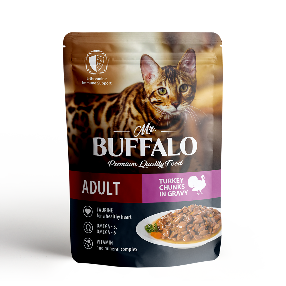 Mr.Buffalo Adult Sensitive ПАУЧ влажный корм для взрослых кошек с чувствительным пищеварением, индейка в соусе 85 г