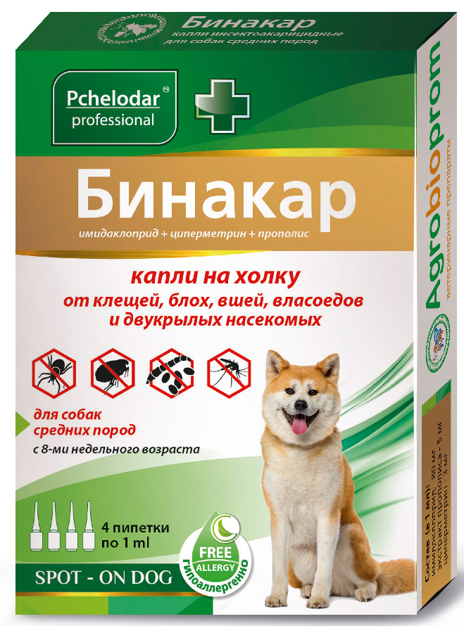 Pchelodar (Пчелодар), серия Professional, капли на холку от блох и клещей для собак средних пород Бинакар