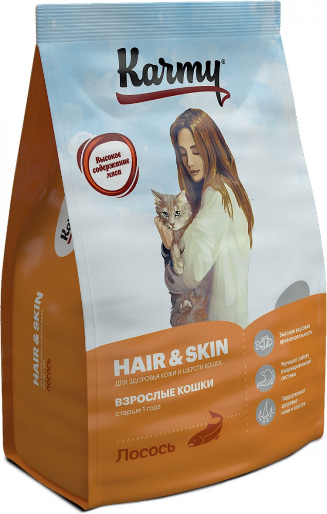 Корм Karmy HAIR &amp; SKIN для взрослых кошек, поддерживающий здоровье кожи и шерсти - лосось 400 г