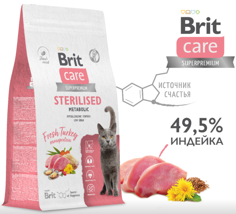 Brit Care Superpremium Cat Sterilised с индейкой для стерилизованных кошек, Улучшенный обмен веществ